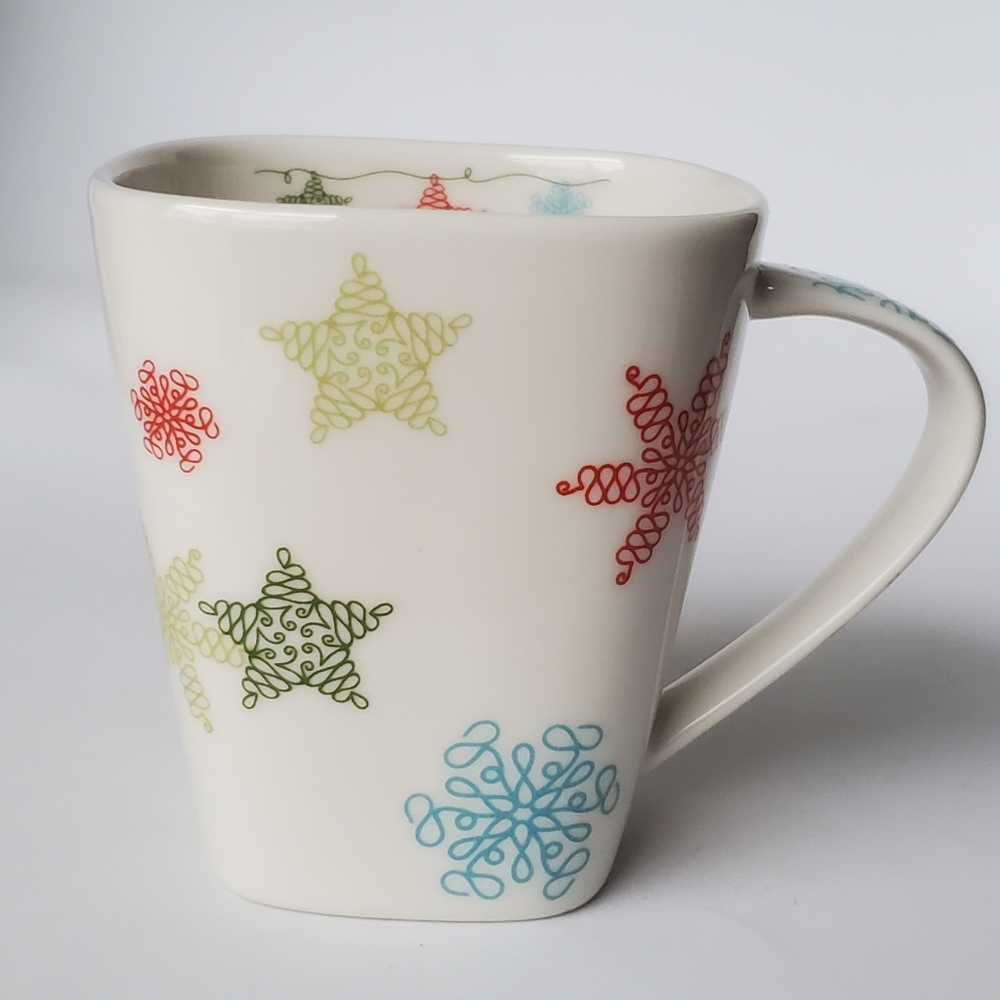 Starbucks 2005 Christmas Coffee Mug Cup Square Shape Colourful Snowflakes 10 oz